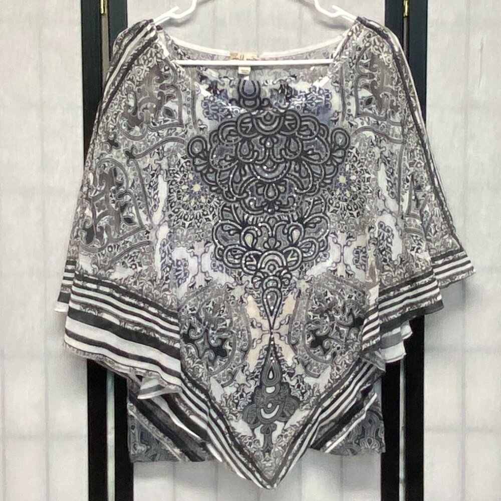 World Unity 2 Piece Set Jeweled Sheer Flutter Batwing Overblouse & Tank Black XL